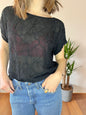 1970's vintage semi sheer black silk blouse with glass bead floral design