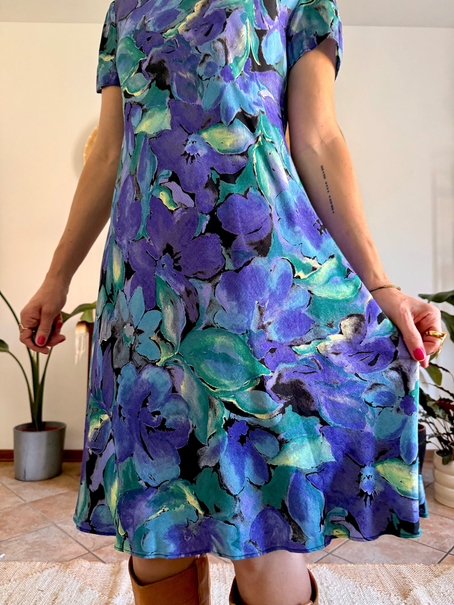 1990's vintage, turquoise, purple and yellow floral print midi dress