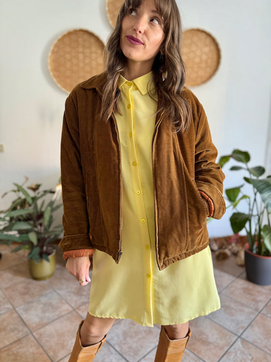 1970's vintage chocolate brown corduroy utility jacket with quilted satin lining