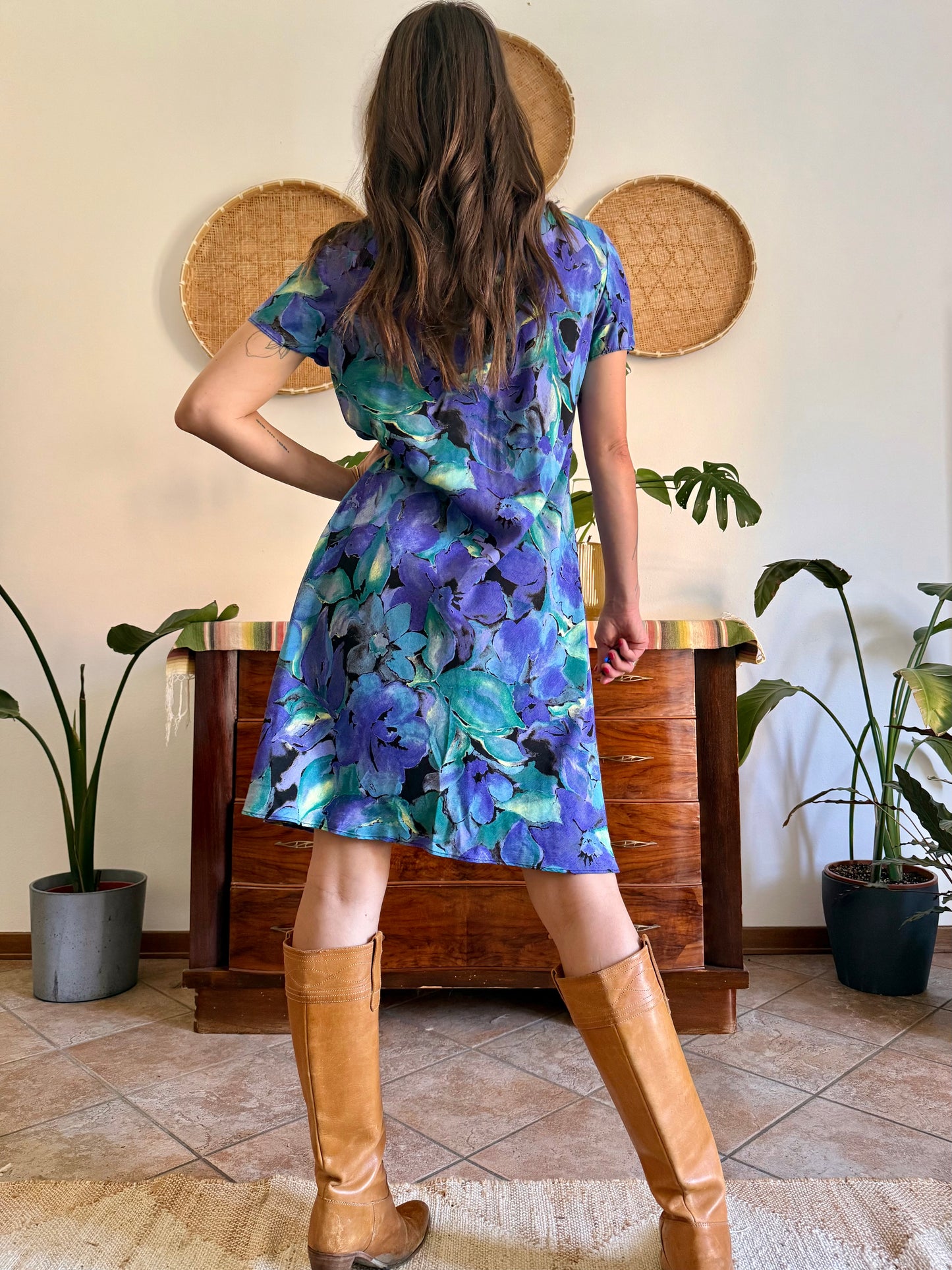 1990's vintage, turquoise, purple and yellow floral print midi dress