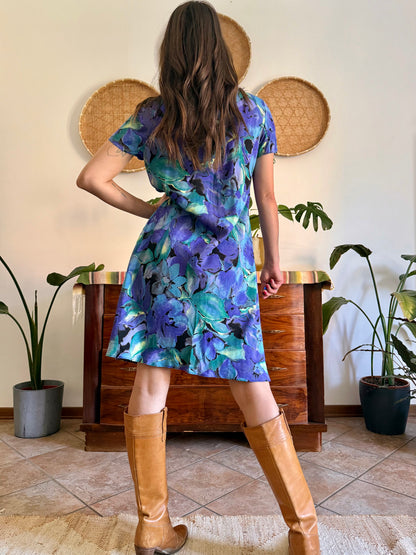 1990's vintage, turquoise, purple and yellow floral print midi dress