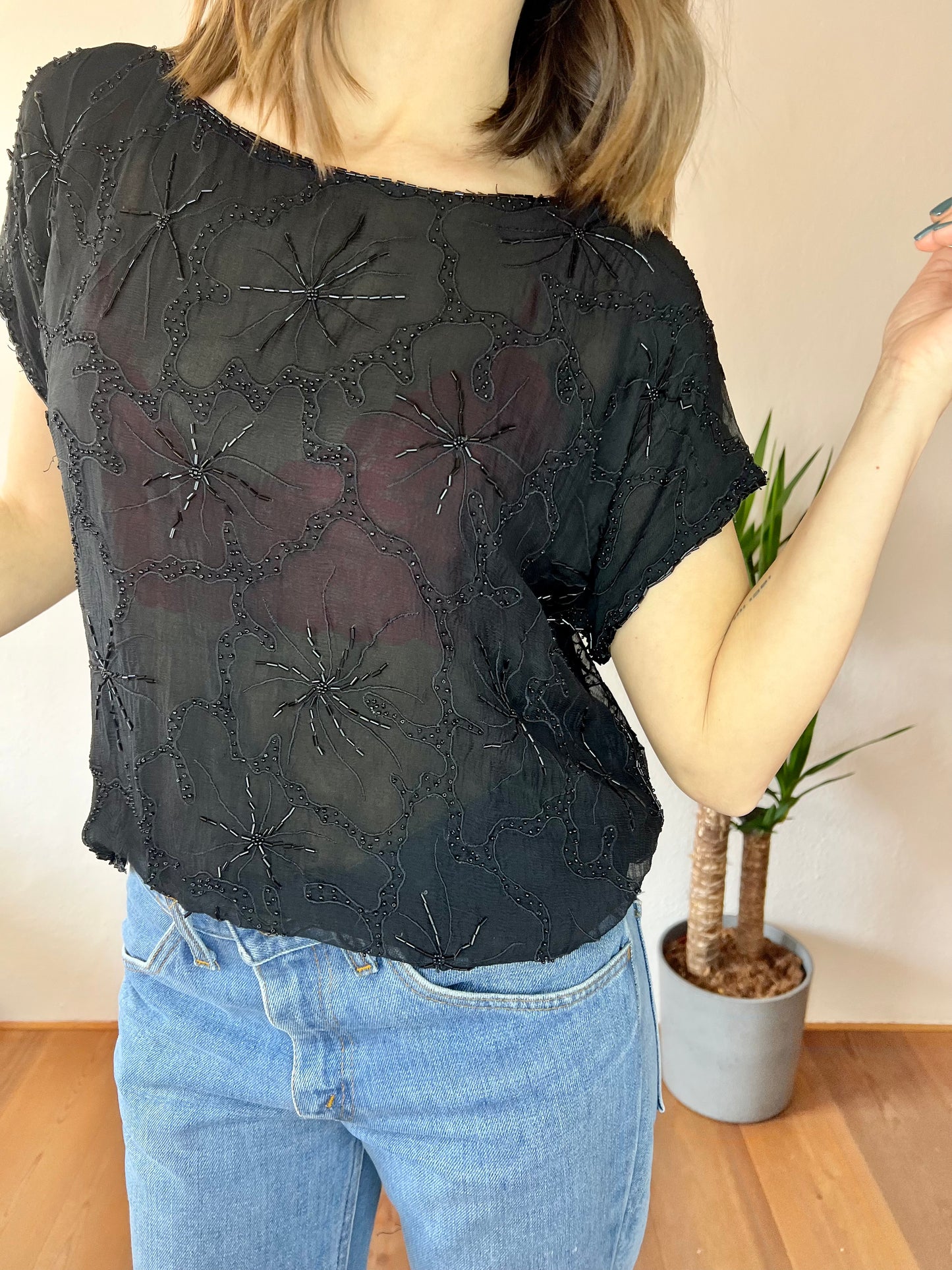 1970's vintage semi sheer black silk blouse with glass bead floral design