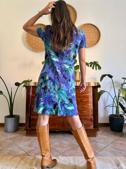 1990's vintage, turquoise, purple and yellow floral print midi dress