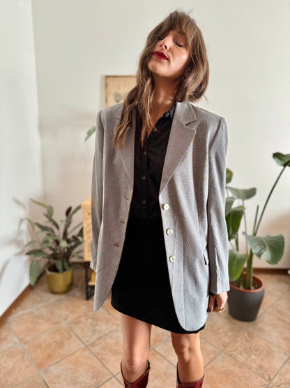 1970's oversize vintage grey and cream textured micro stripe blazer with iridescent buttons