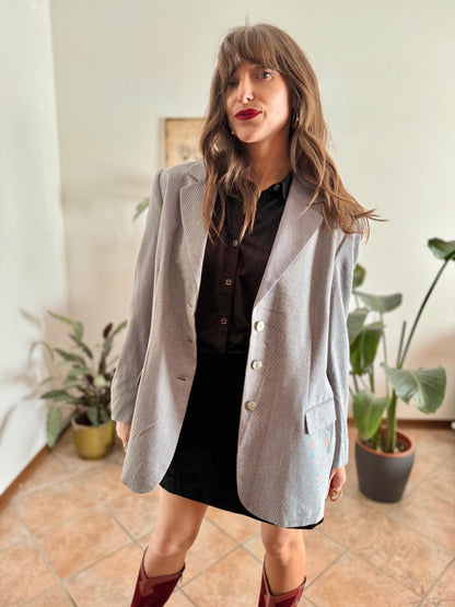 1970's oversize vintage grey and cream textured micro stripe blazer with iridescent buttons