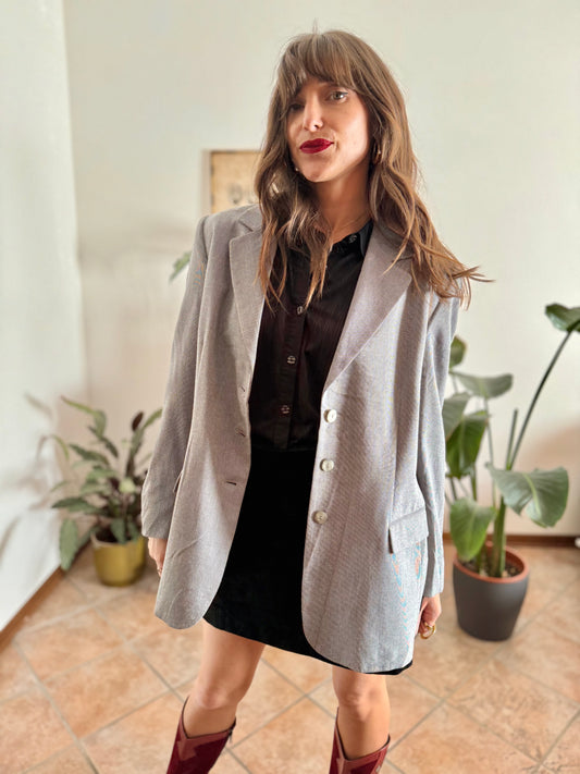 1970's oversize vintage grey and cream textured micro stripe blazer with iridescent buttons