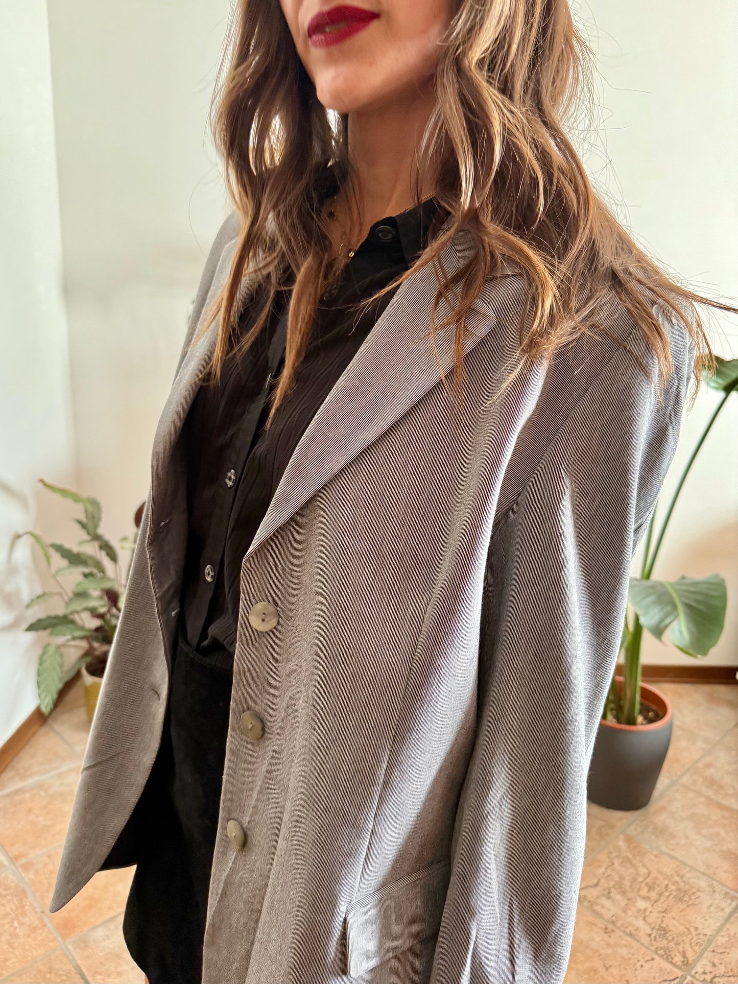 1970's oversize vintage grey and cream textured micro stripe blazer with iridescent buttons