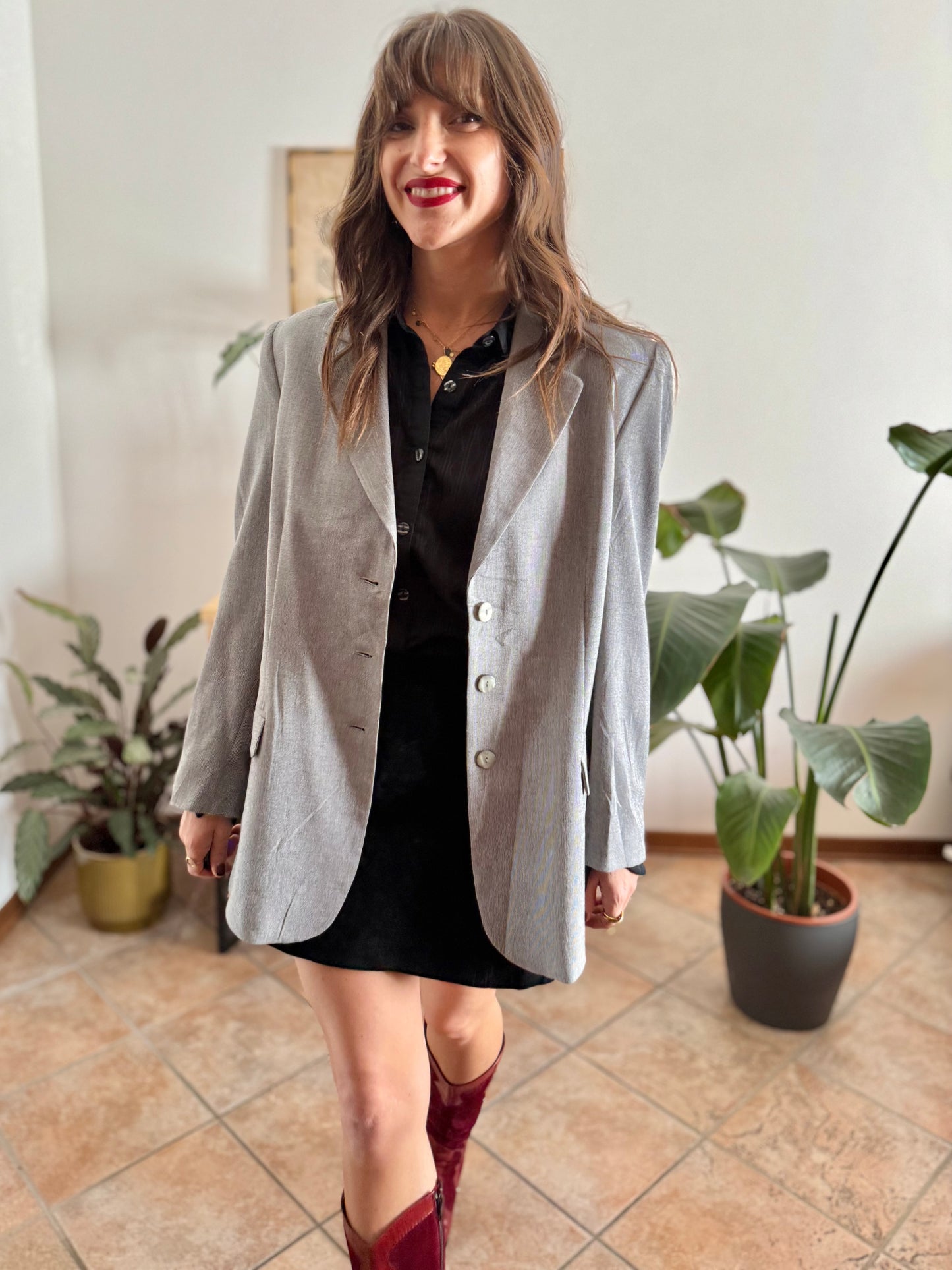 1970's oversize vintage grey and cream textured micro stripe blazer with iridescent buttons