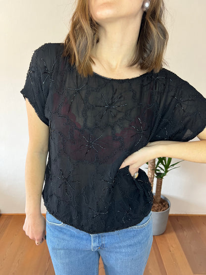 1970's vintage semi sheer black silk blouse with glass bead floral design