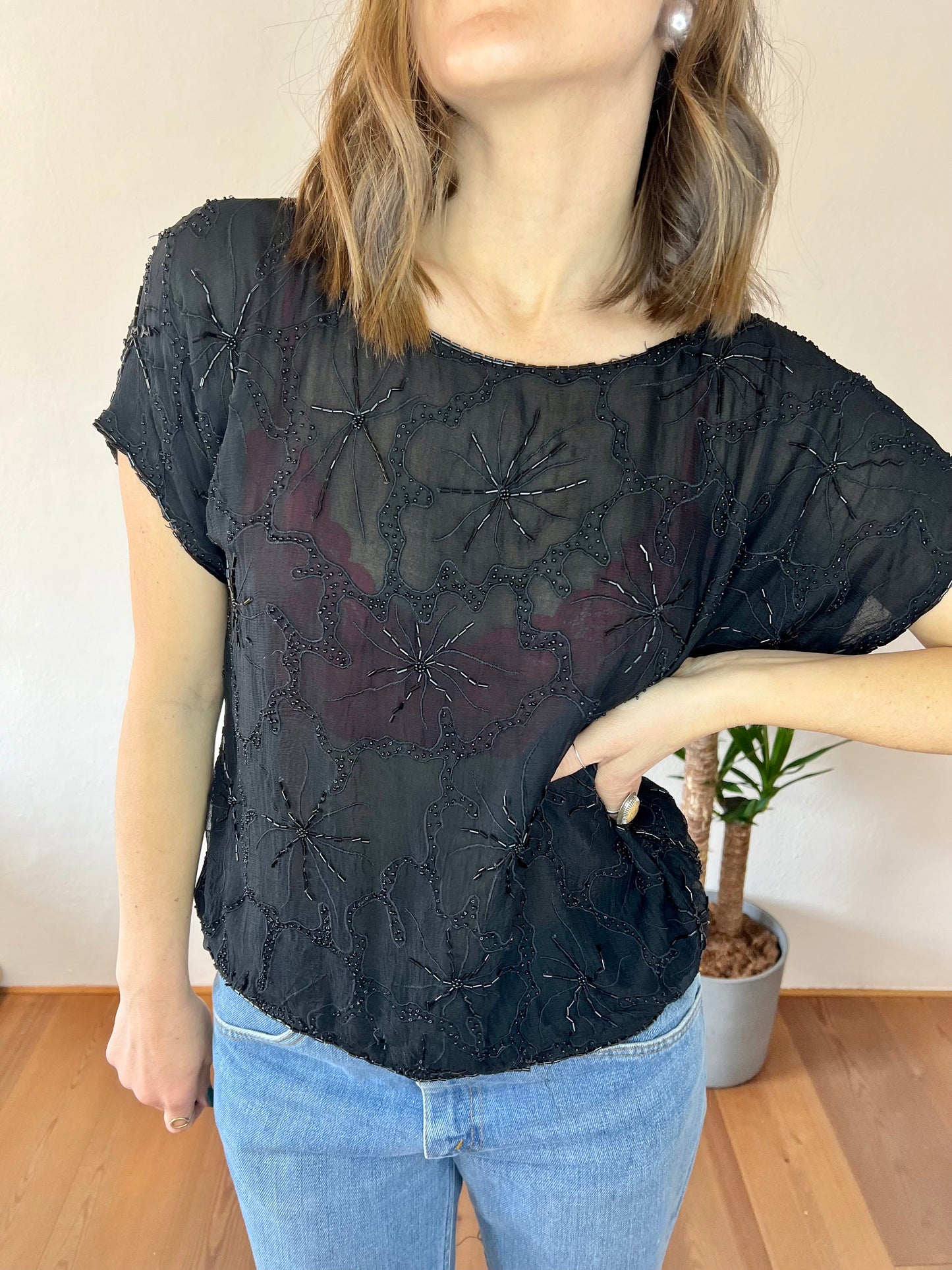 1970's vintage semi sheer black silk blouse with glass bead floral design