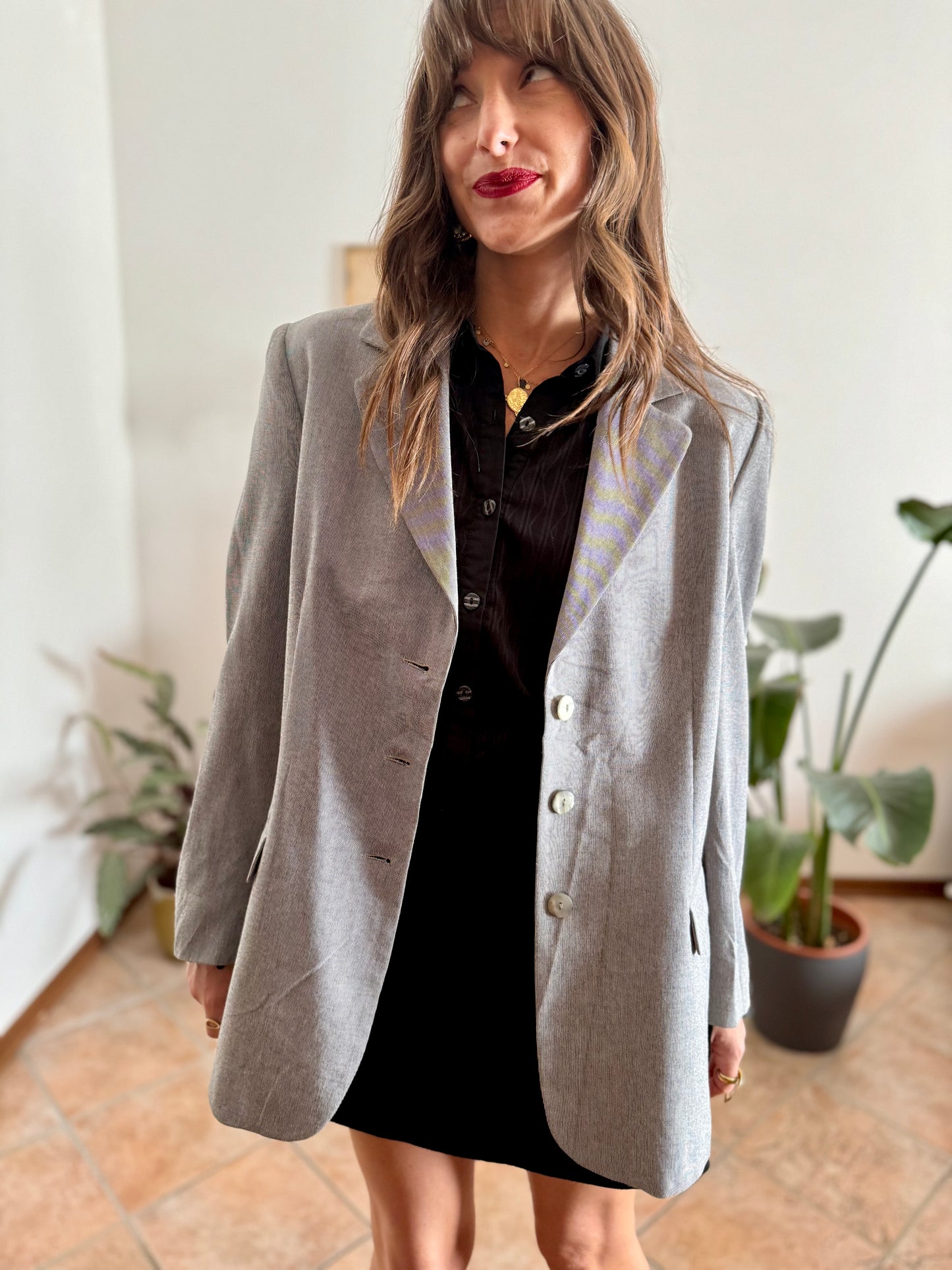 1970's oversize vintage grey and cream textured micro stripe blazer with iridescent buttons