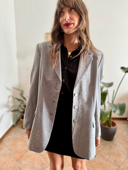 1970's oversize vintage grey and cream textured micro stripe blazer with iridescent buttons