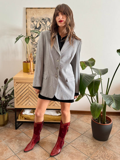 1970's oversize vintage grey and cream textured micro stripe blazer with iridescent buttons