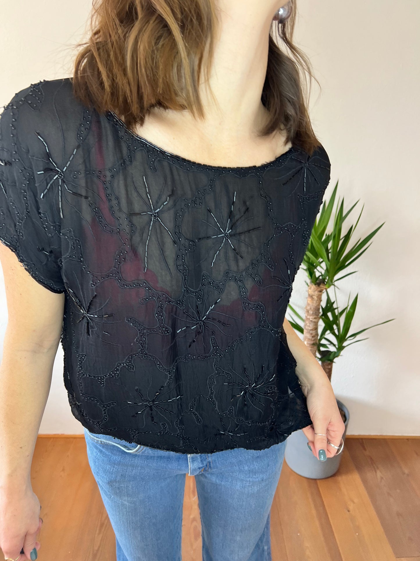 1970's vintage semi sheer black silk blouse with glass bead floral design