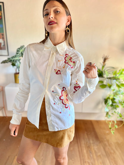 Y2K cream shirt with floral embroidery