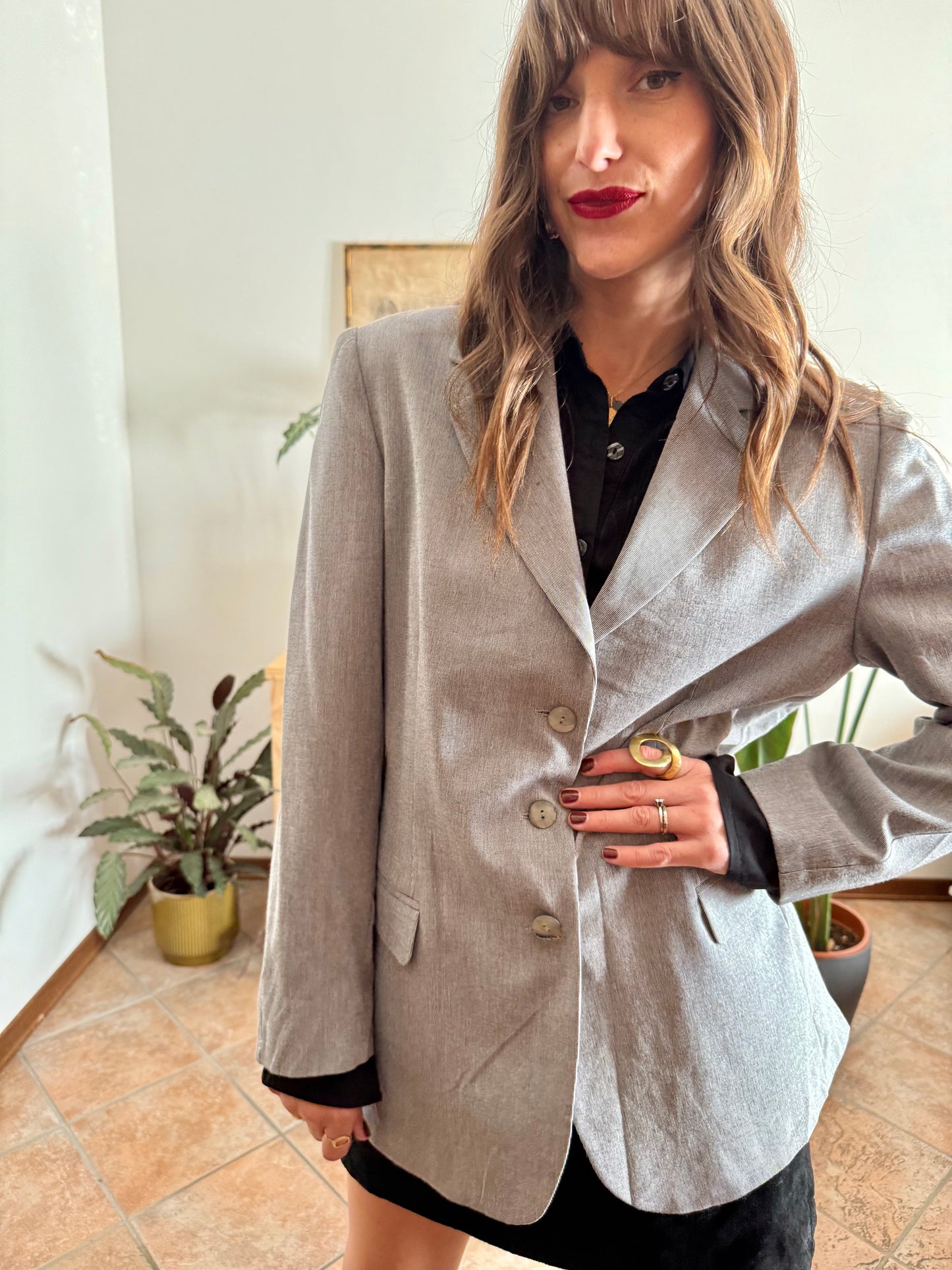 1970's oversize vintage grey and cream textured micro stripe blazer with iridescent buttons