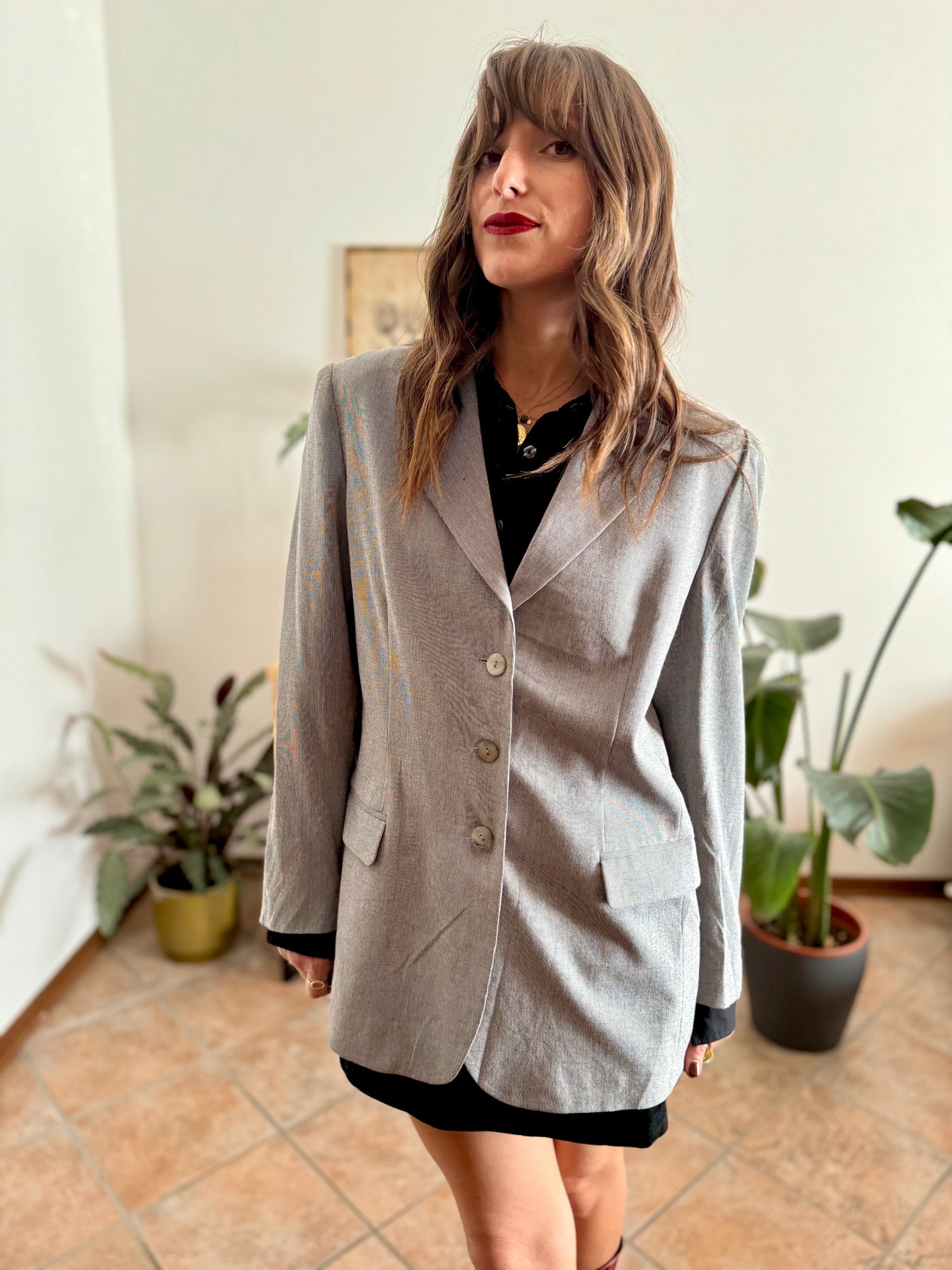 1970's oversize vintage grey and cream textured micro stripe blazer with iridescent buttons