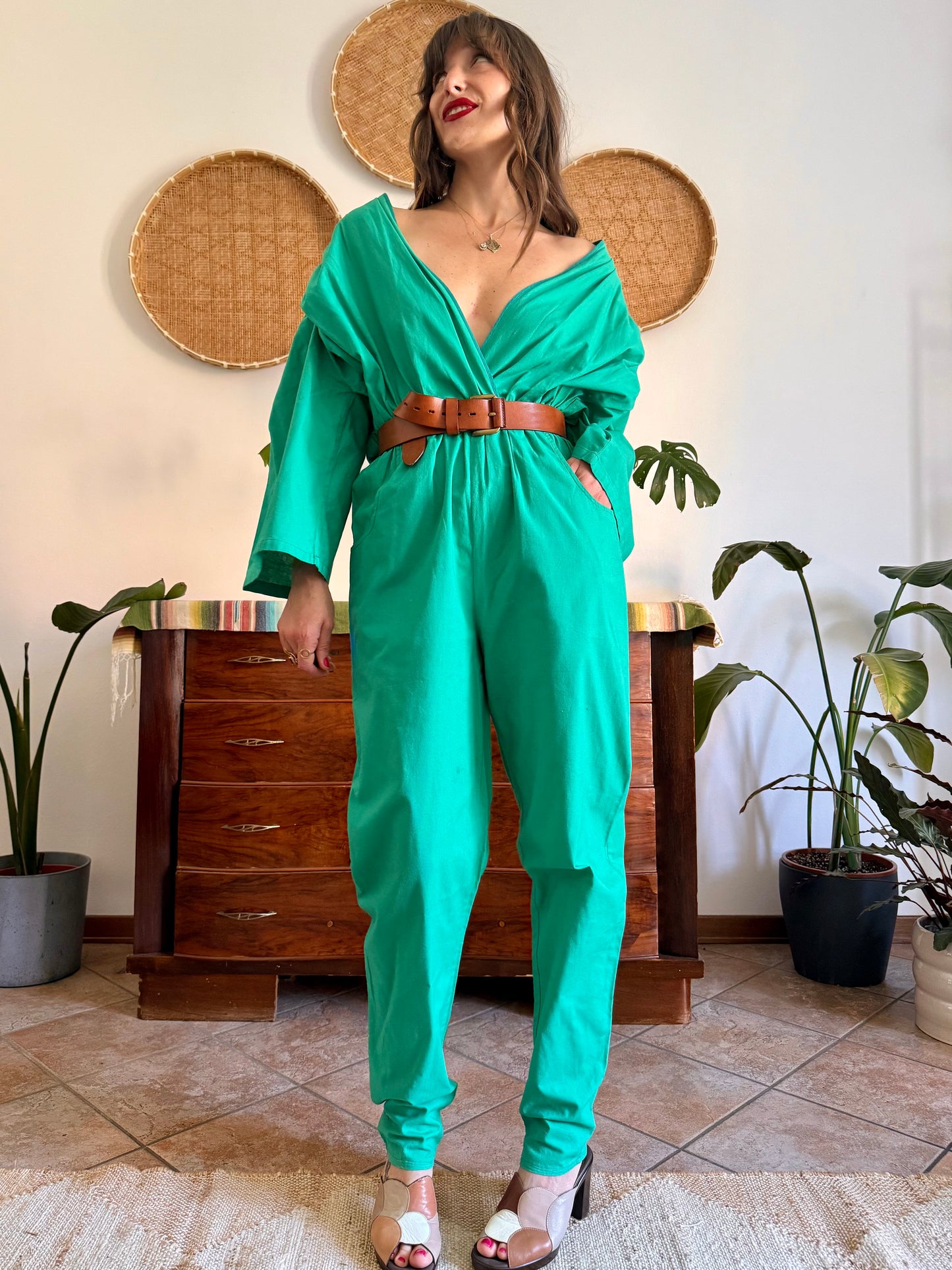 1970's vintage teal cotton jumpsuit