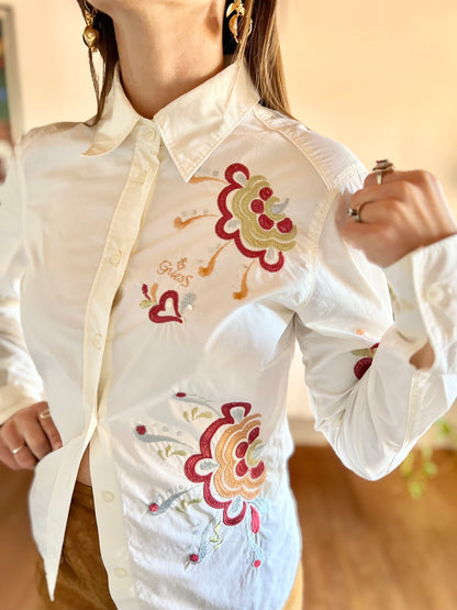 Y2K cream shirt with floral embroidery