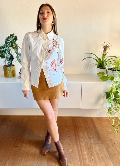 Y2K cream shirt with floral embroidery