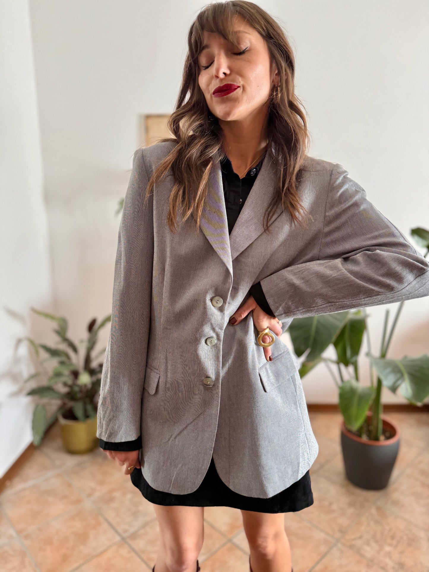 1970's oversize vintage grey and cream textured micro stripe blazer with iridescent buttons
