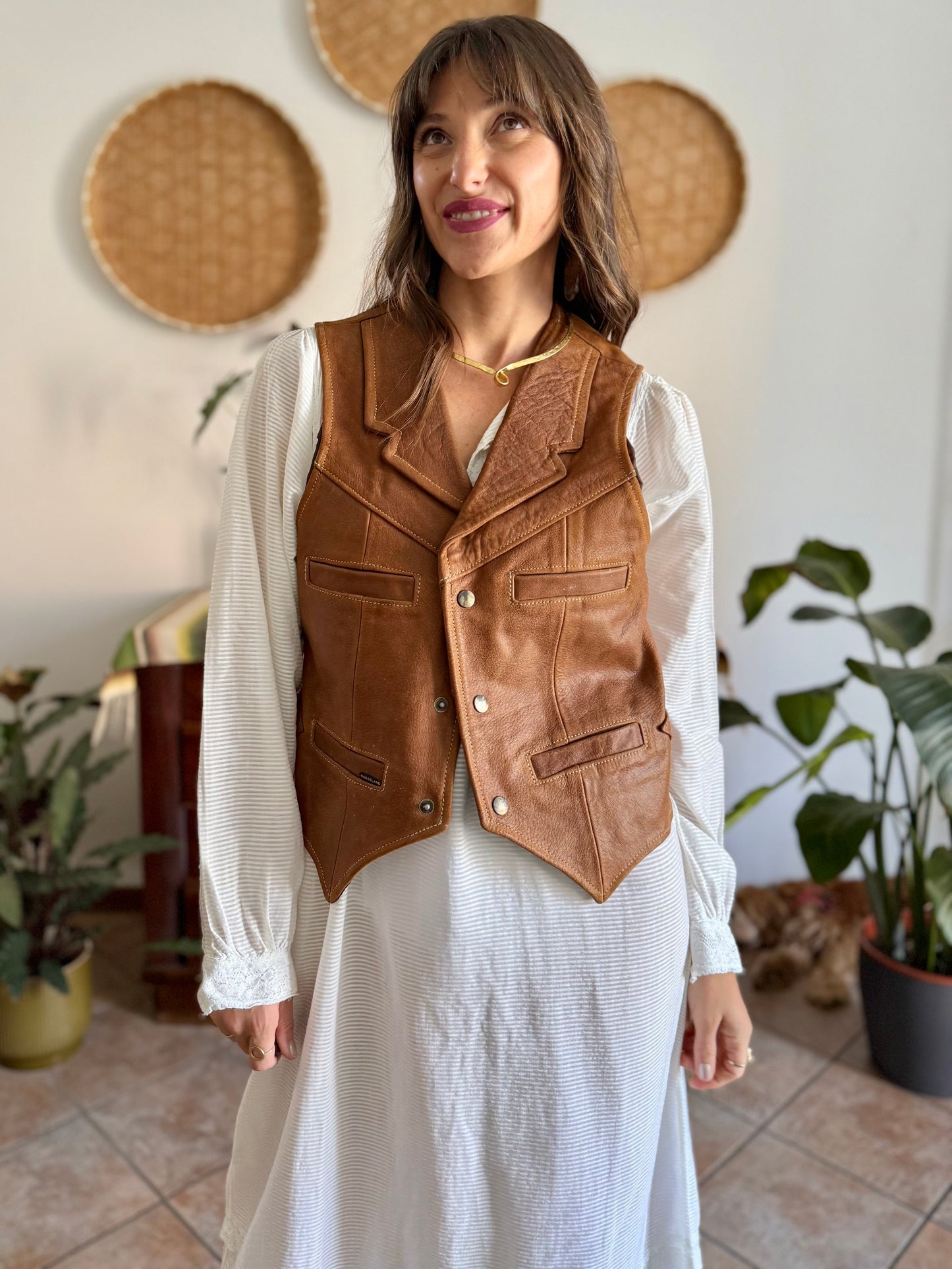1970's vintage camell leather western vest
