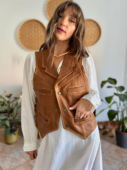 1970's vintage camell leather western vest