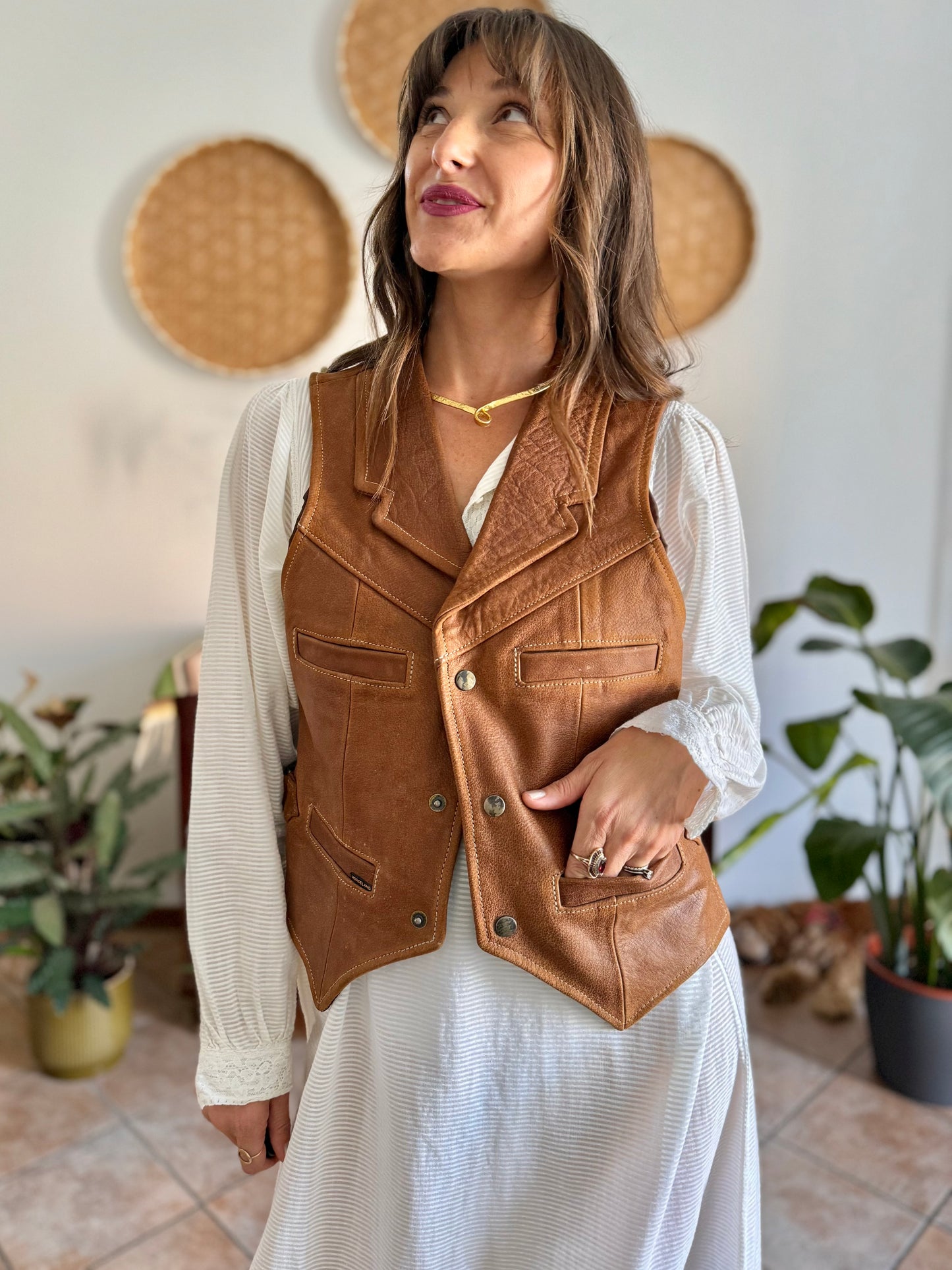 1970's vintage camell leather western vest