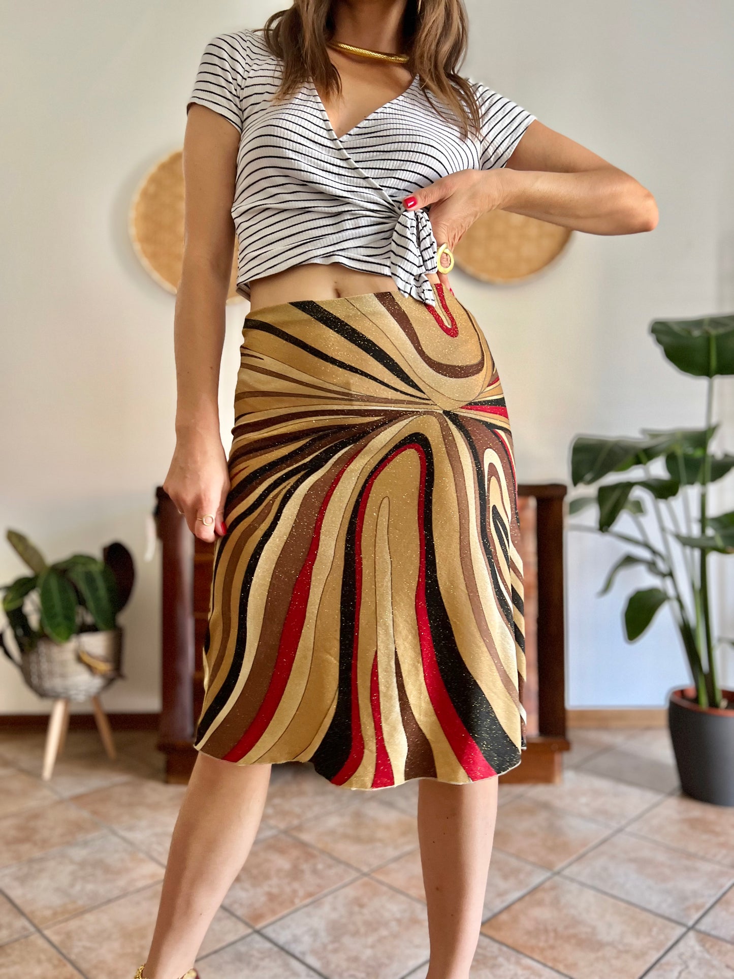 1970's vintage abstract, red brown and gold midi skirt