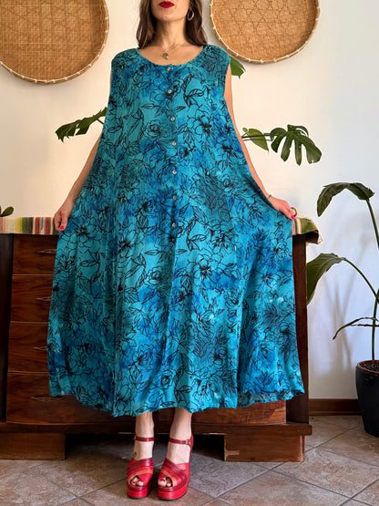 1990's vintage turquoise, black and blue button down maxi dress