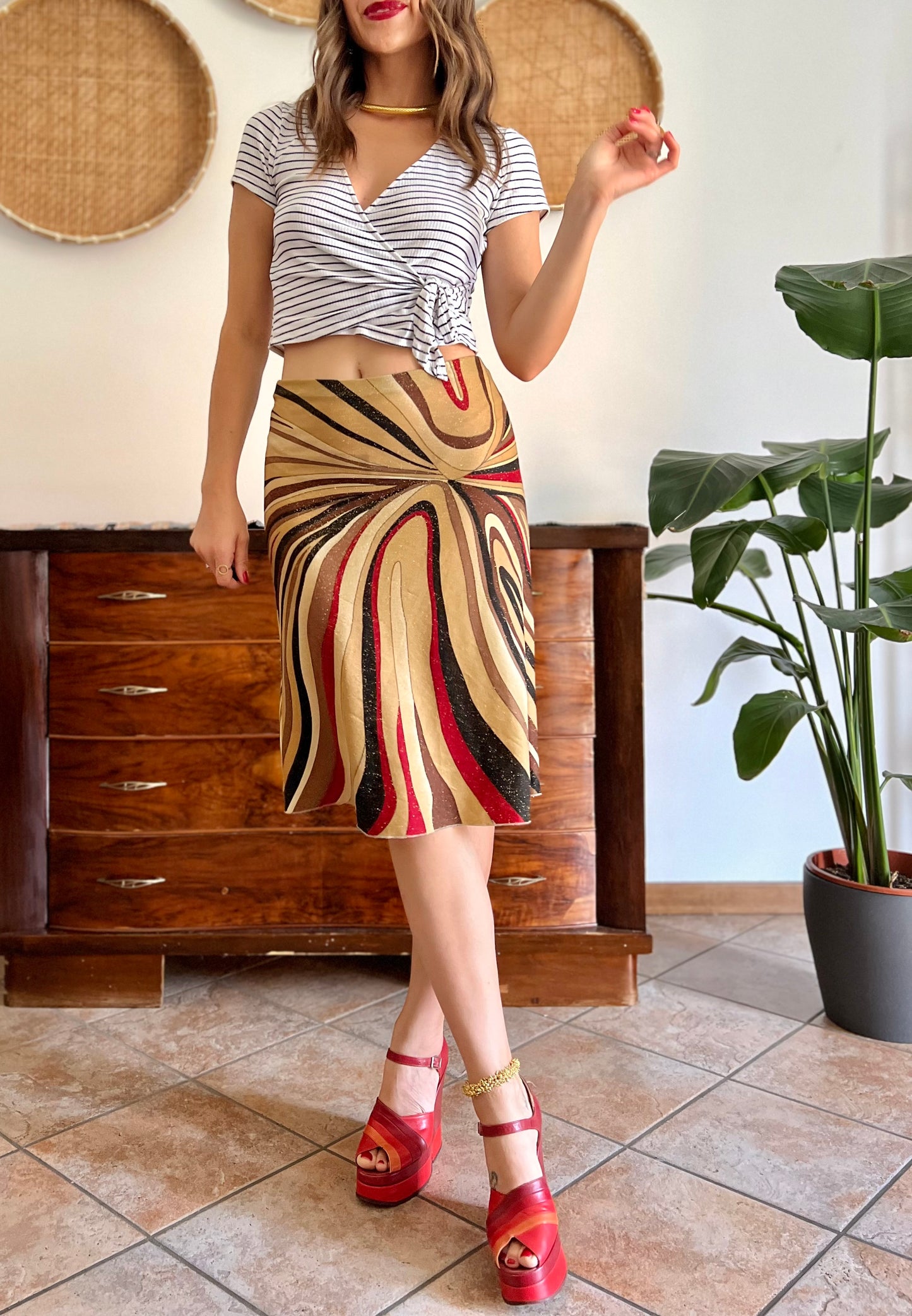 1970's vintage abstract, red brown and gold midi skirt