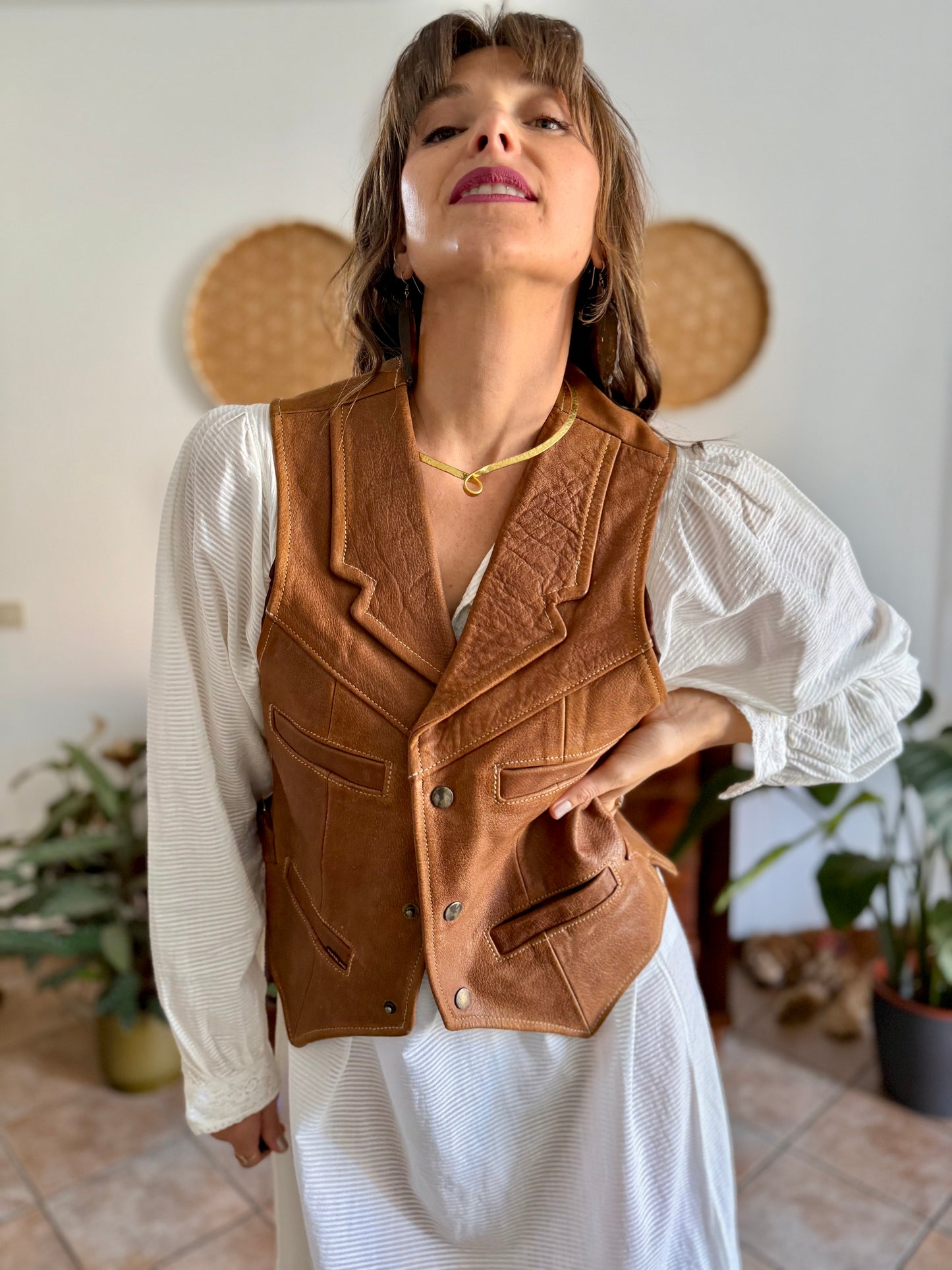 1970's vintage camell leather western vest
