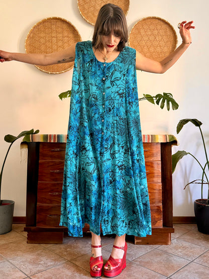 1990's vintage turquoise, black and blue button down maxi dress