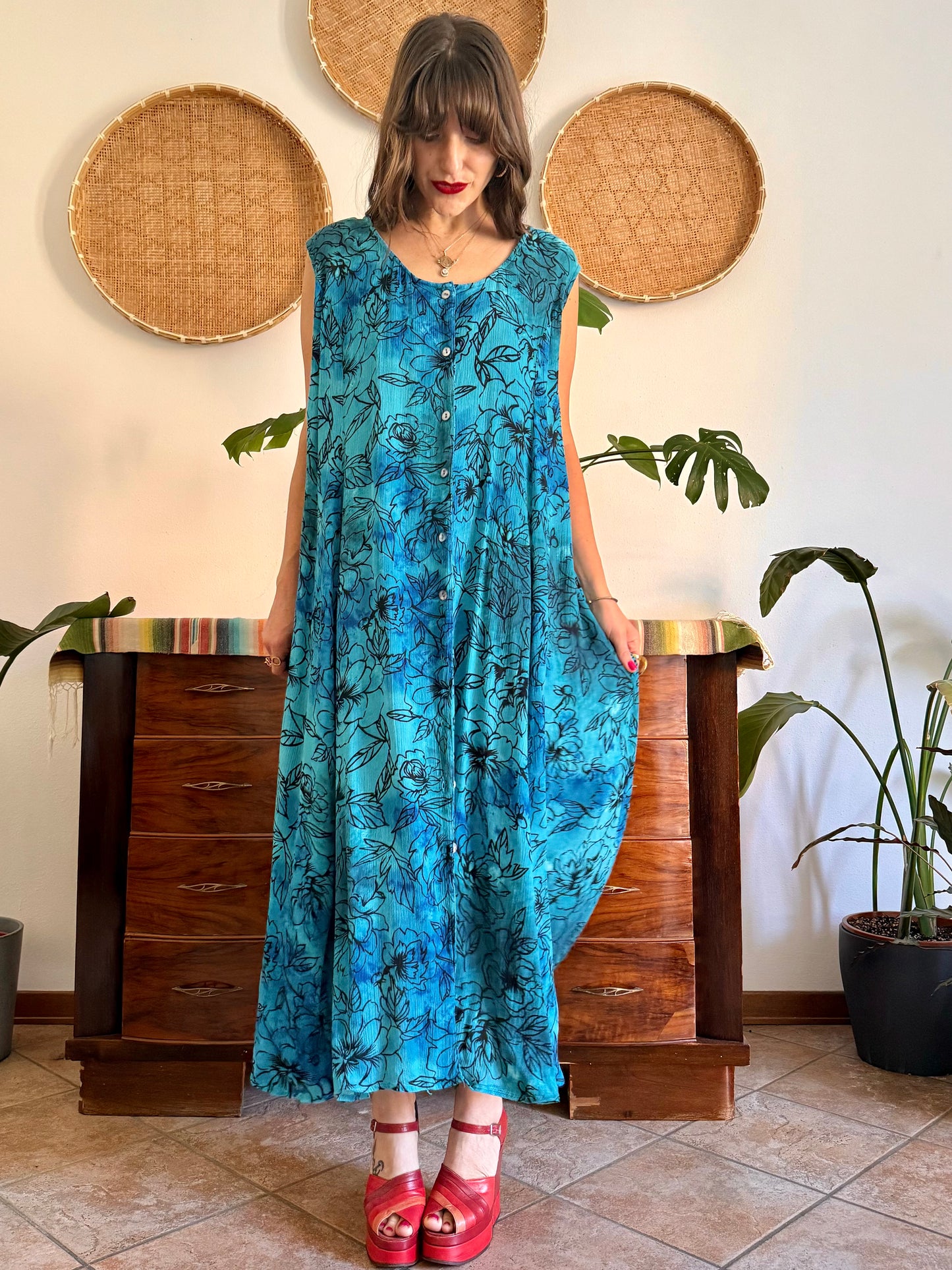 1990's vintage turquoise, black and blue button down maxi dress