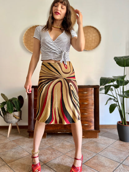 1970's vintage abstract, red brown and gold midi skirt