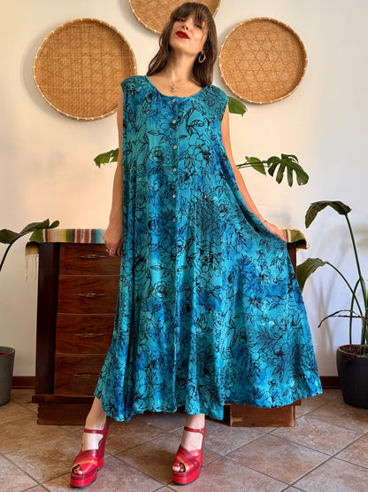 1990's vintage turquoise, black and blue button down maxi dress