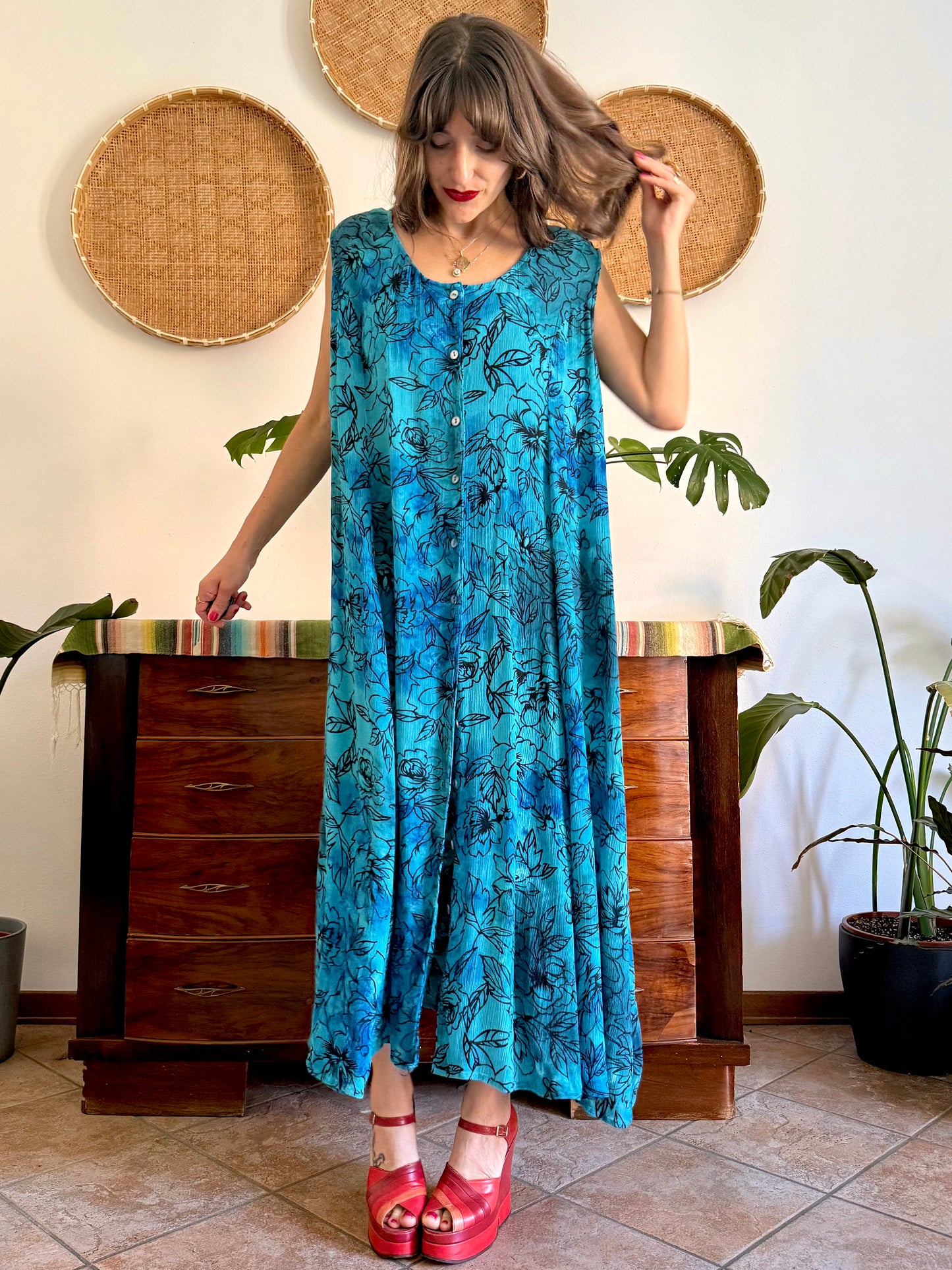 1990's vintage turquoise, black and blue button down maxi dress