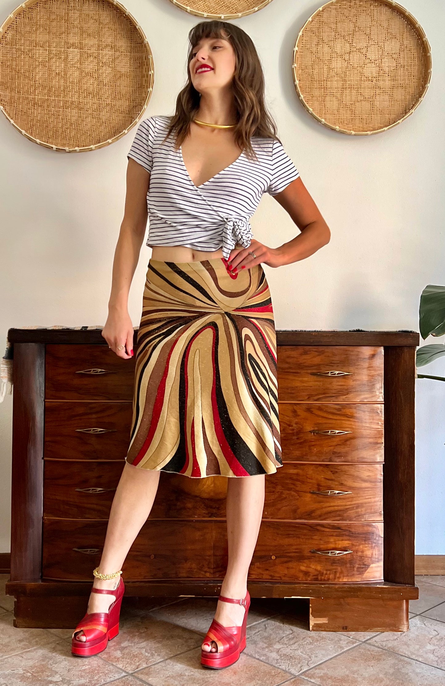 1970's vintage abstract, red brown and gold midi skirt