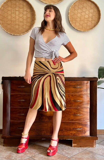 1970's vintage abstract, red brown and gold midi skirt