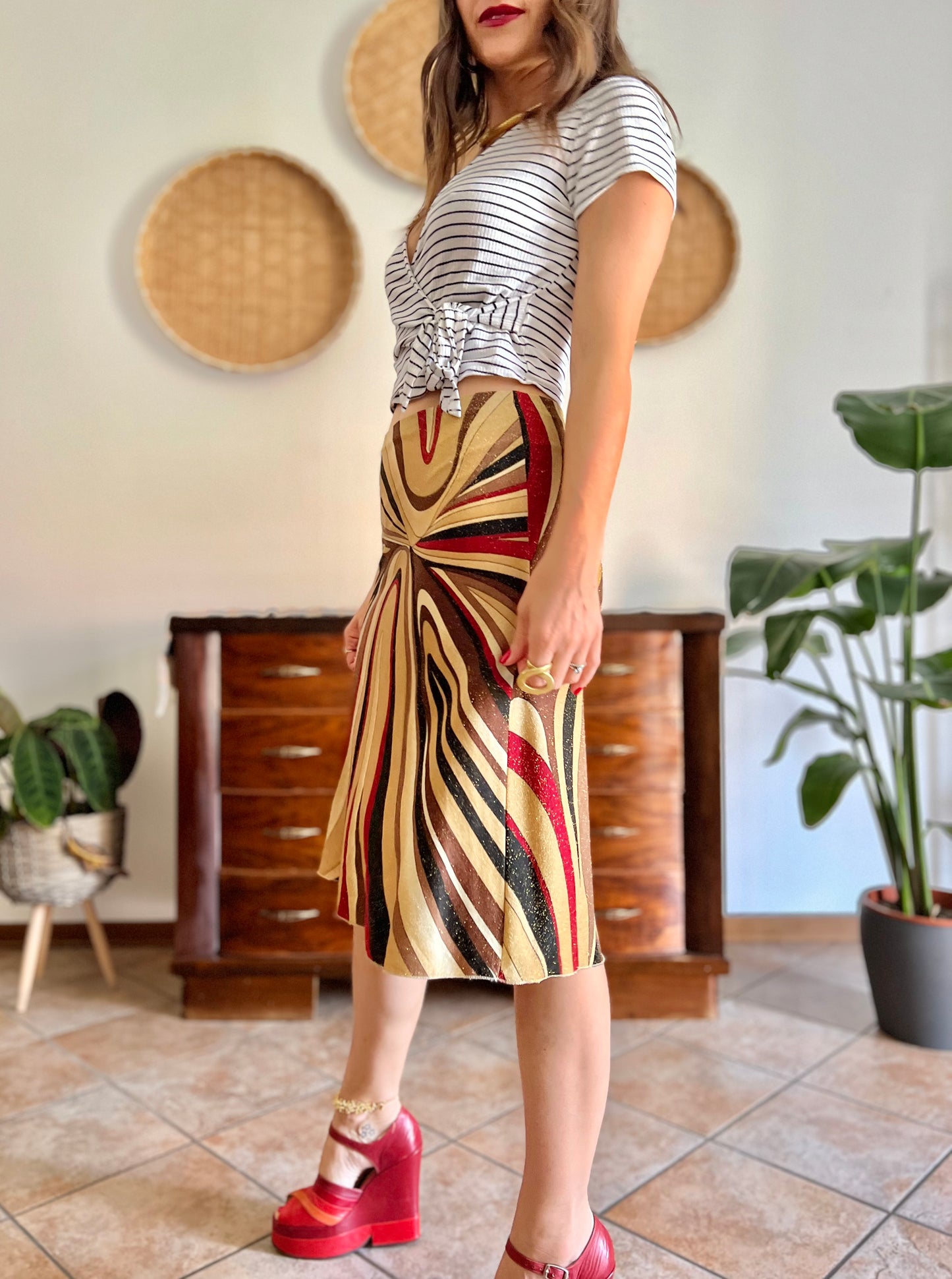 1970's vintage abstract, red brown and gold midi skirt