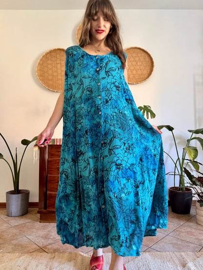 1990's vintage turquoise, black and blue button down maxi dress