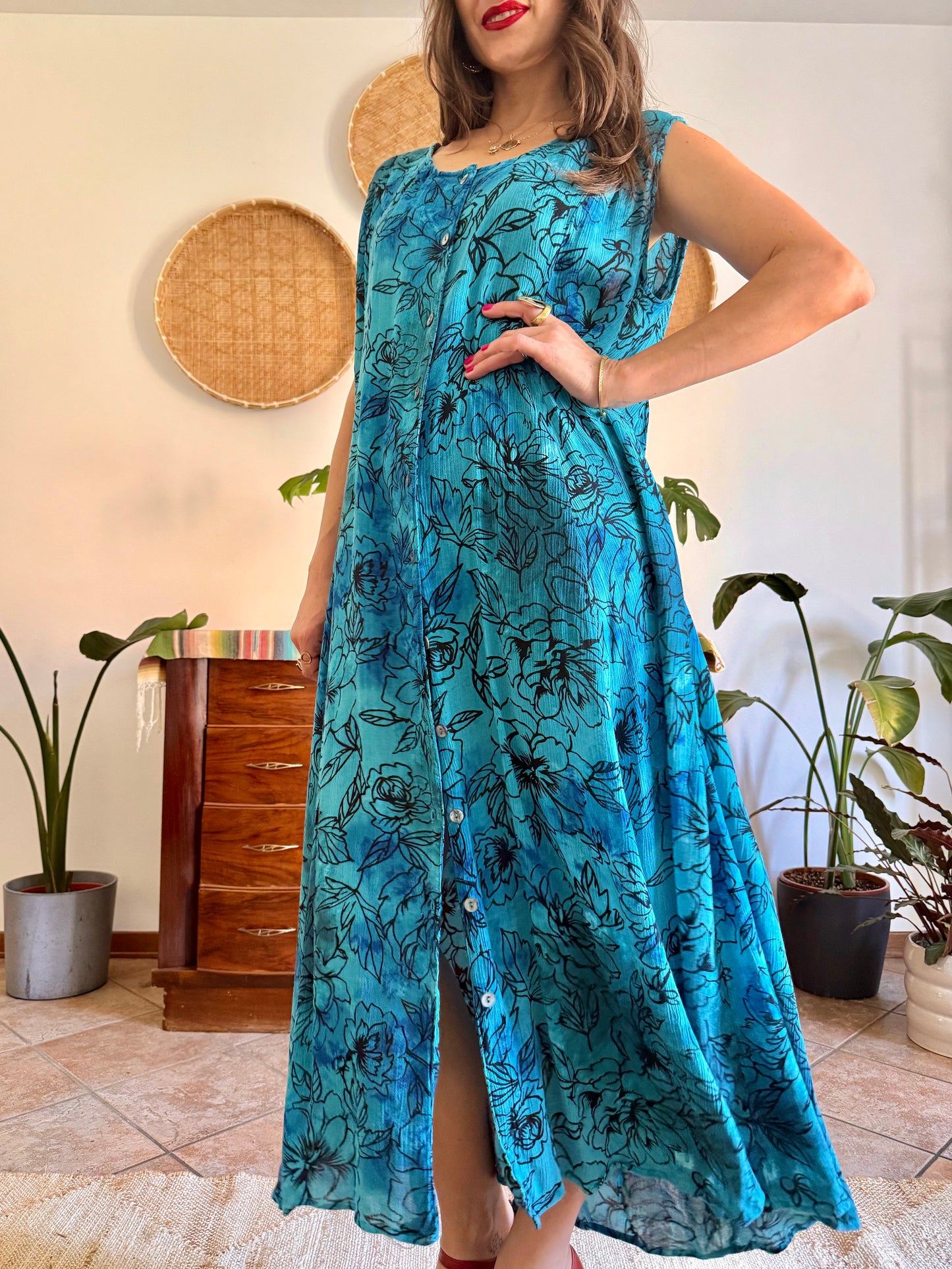 1990's vintage turquoise, black and blue button down maxi dress