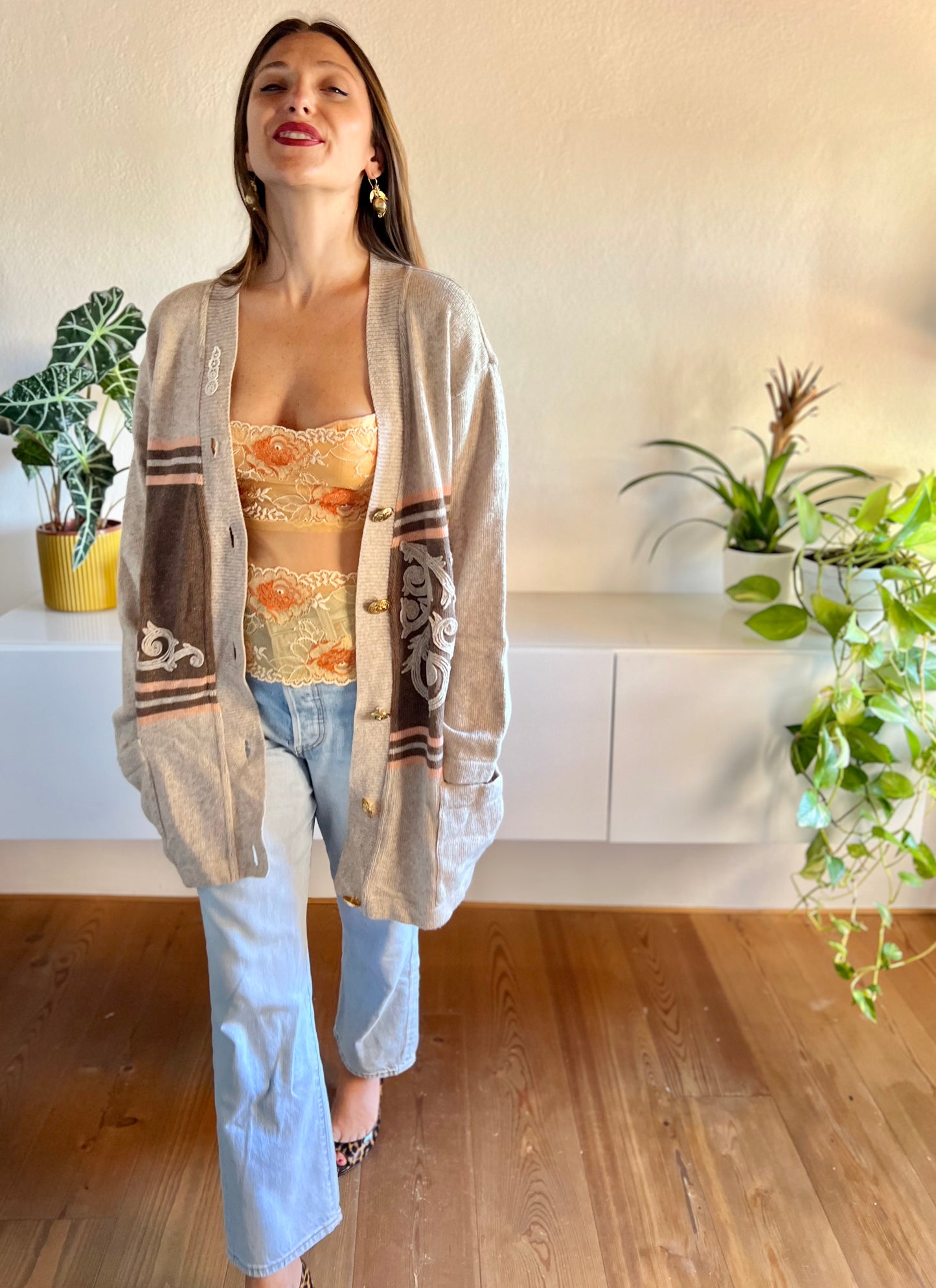 1980's vintage oatmeal and peach stripe oversize wool cardigan