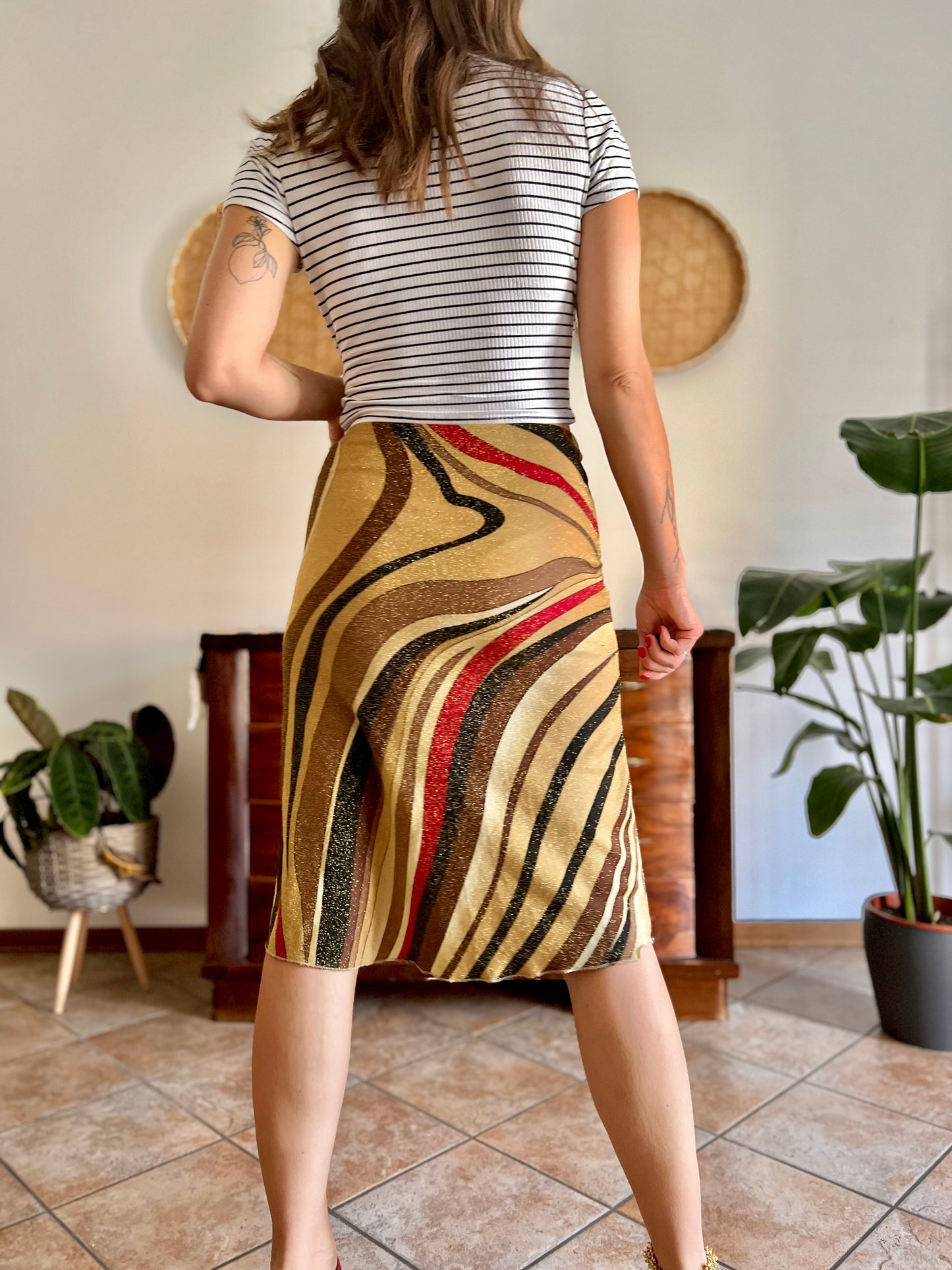 1970's vintage abstract, red brown and gold midi skirt