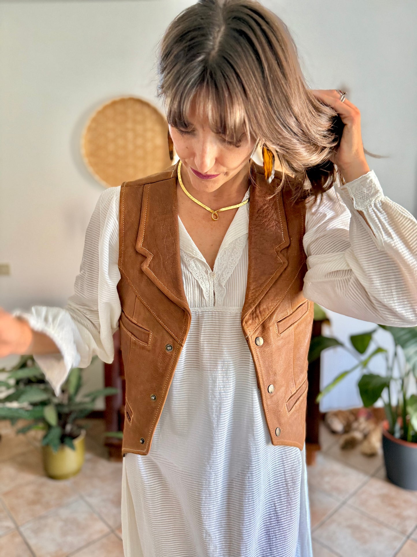 1970's vintage camell leather western vest