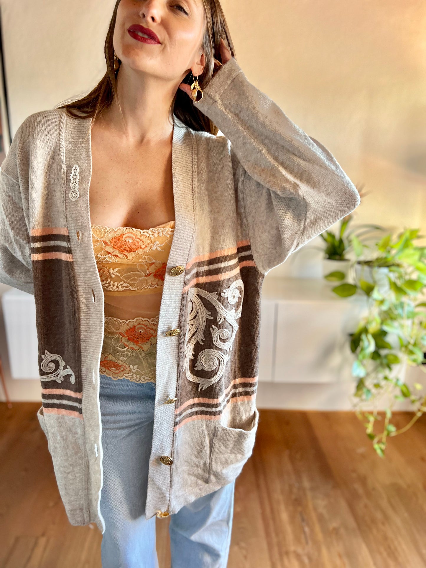 1980's vintage oatmeal and peach stripe oversize wool cardigan