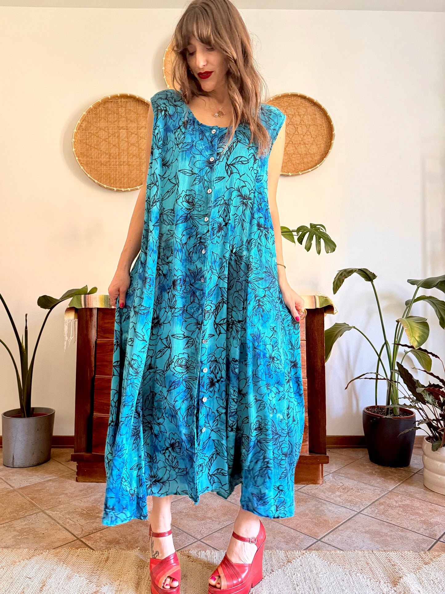 1990's vintage turquoise, black and blue button down maxi dress