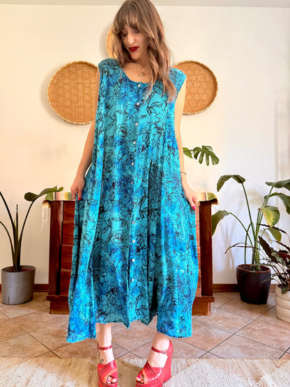 1990's vintage turquoise, black and blue button down maxi dress