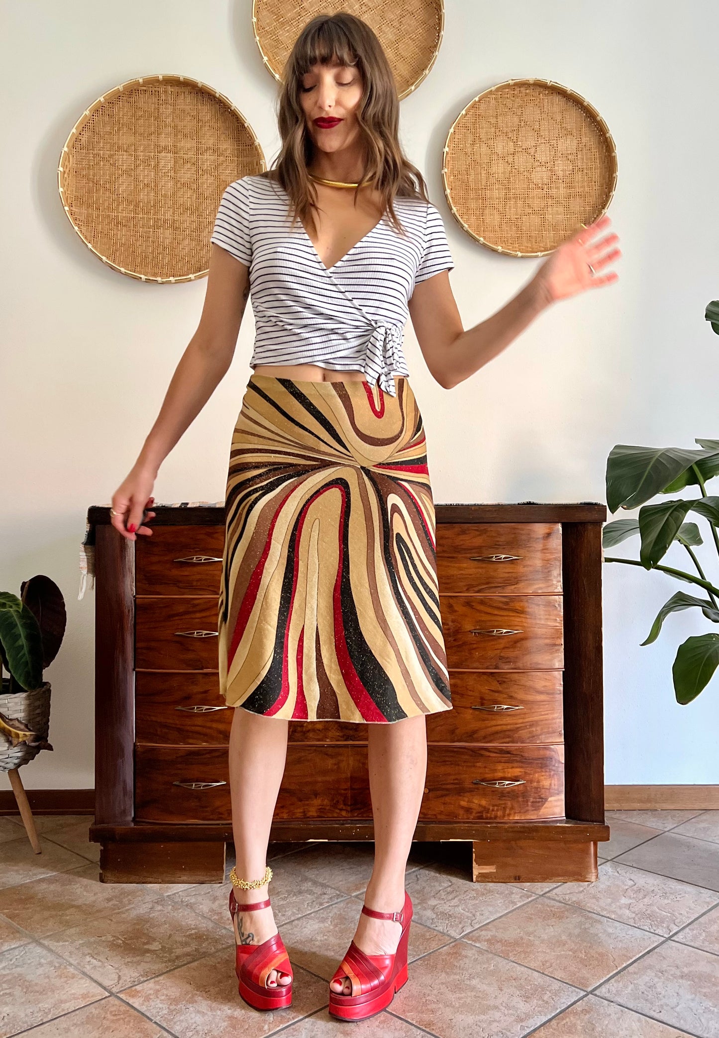 1970's vintage abstract, red brown and gold midi skirt