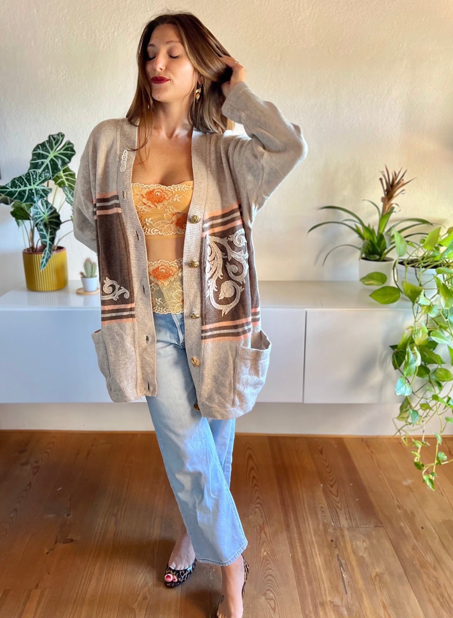 1980's vintage oatmeal and peach stripe oversize wool cardigan